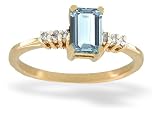 14K Yellow Gold Genuine Emerald-cut Aquamarine and Diamond Ring