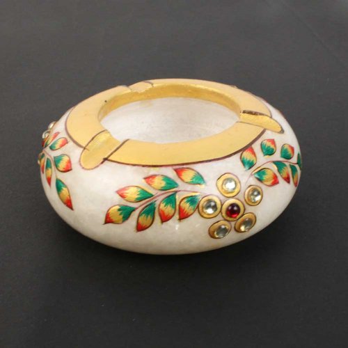 Ash Tray Hand Made of Marble Hand Painted with Gemstone Embellished