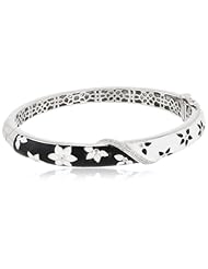 Sterling Silver Diamond Black and White Enamel Floral Bangle Bracelet (0.08 cttw, I-J Color, I3 Clarity)