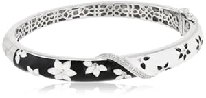 Sterling Silver Diamond Black and White Enamel Floral Bangle Bracelet (0.08 cttw, I-J Color, I3 Clarity)