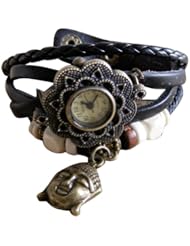 Crazycity 2013 New Girls Ladies Women Lord Buddha Wristband Watch Quartz Fashion Weave Wrap Around Leather Strap Bracelet Wrist Watch(Black)