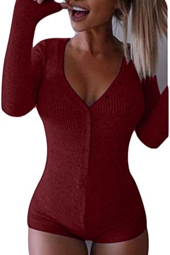 Women's Long Sleeve Romper Deep V Neck Botton Knitted Bodycon Jumpsuit Bodysuit