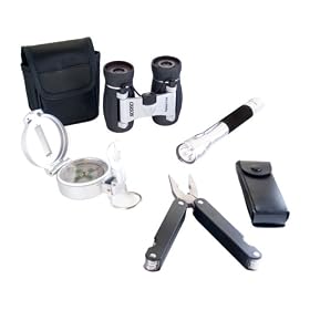 Click here to buy Carson Indoor OutDoor Survival Kit with 7x18mm Binocular, Compass, Flashlight, and Pocket... by Carson.
