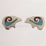 Little Sterling Silver, Turquoise and Coral Inlaid Bear Post Earrings, #11360