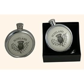 6oz round pewter flask, scrimshaw Scottish thistle