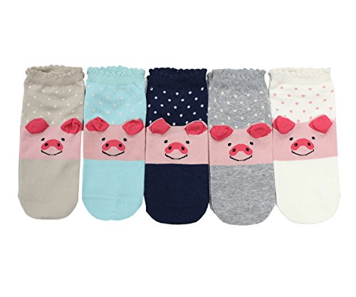 CozyWow Womens Girls Fun Crazy Low Cut Cartoon Pig/Elephant/Dog/Cat Cotton Socks (5 Pack)