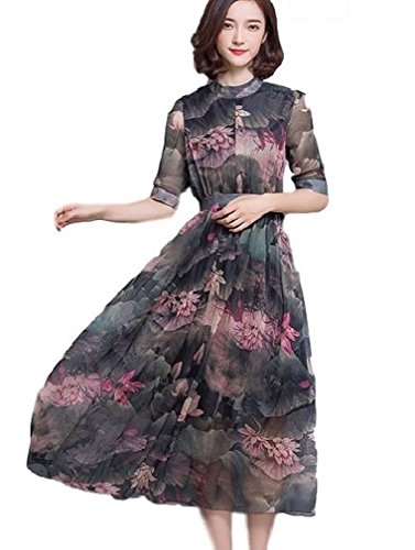 ナナコレクション Nana_Collection 秋 レディース 美しい 花柄 マオカラー 五分袖 シフォン ロング ワンピース