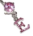 Pierced & Modified  Body Jewellery Navel Bars  Pink Crystal Initial Dangle Belly Bar  E