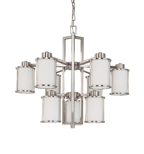 Nuvo Lighting 60/3809 Odeon 9-Light Two Tier Chandelier with Convertible Arms Up or Down and Satin White Glass, Brushed Nickel