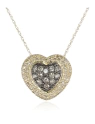 XPY 10k Yellow Gold Chocolate Brown Diamond and White Diamond Pave Heart Pendant Necklace (1/3 cttw, I-J Color, I2-I3 Clarity), 18"