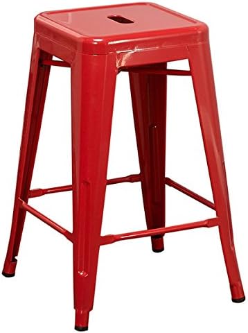 Bar Stools Set of 2 Metal 24'' H Square Chairs Stackable Kitchen Outdoor Bar Furniture (Red)