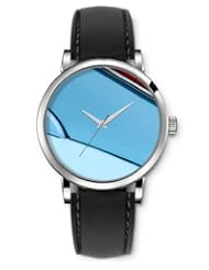 SPRAWL Aanalog Fashion Series Silver Ladies Watches of Genuine Black Leather Strap,Unique Wrist Watch for Women Girls Designed with Broken blue bar
