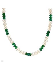 Sterling Silver Pearl and 17.34 CTW Emerald Ladies Necklace. Length 16.5 in. Total Item weight 16.8 g.