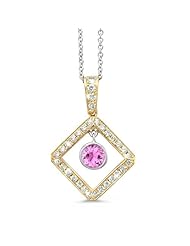 Diagonal Square And Circle Diamond Pendant In 18K Yellow Gold With A 0.70 ct. Genuine pink-sapphire Center Stone.
