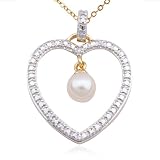 18k Yellow Gold Plated Sterling Silver Pearl and Diamond Accent Open Heart Pendant, 18