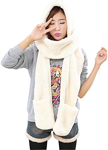 Vwhite Womens Girls Winter Warmer Soft Hooded Hoodie Hat Golves Scarf Wrap Shawl White