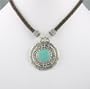 Round Green Turquoise and Sterling Pendant on Brown Leather Braided Cord