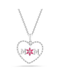 Sterling Silver Pink Enamel with Diamonds Heart "Mom" Pendant Necklace (1/10 cttw, I-J Color, I2-I3 Clarity), 18"