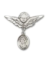 Sterling Silver Baby Badge with St. Colette Charm and Angel with Wings Badge Pin