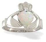 14K White Gold Genuine Heart Opal and Diamond Celtic Claddagh Ring