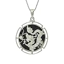 Sterling Silver Charcoal Jade Open Frame Round Dragon Pendant on Chain, 18"
