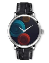 SPRAWL Aanalog Fashion Series Silver Ladies Watches of Genuine Black Leather Strap,Unique Wrist Watch for Women Girls Designed with Red, blue and gold circles