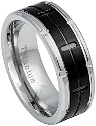 8mm Grooved Black IP Center Titanium Ring with Titanium Color Notched Edges Unisex Wedding Band