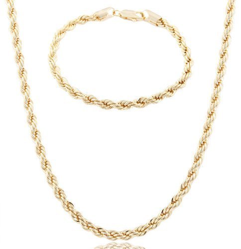 Goldtone 6mm 24 Inch D-Cut Rope Chain Necklace with a Matching Bracelet Jewelry Set - All Bracelet Sizes Available