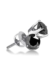 14K White Gold Round Brilliant Cut Black Diamond - Classic Traditional 1 One Single Stone Solitaire Shape Prong Set Studs Earrings with Secure Screw Back Closure - (1.50 cttw.)