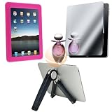 Stand Adjustable Holder + Hot Pink Silicone Skin Case + Mirror Screen Protector for Apple iPad 16GB / 32GB / 64GB