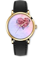 SPRAWL Aanalog Fashion Series Gold Ladies Watches of Genuine Black Leather Strap,Unique Wrist Watch for Women Girls Designed with Heart of Stone