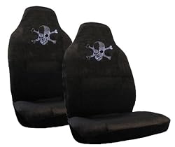 Skull & Crossbones Grey Gem Crystals Studded Rhinestone Car Truck SUV Bucket Seat Covers - Pair