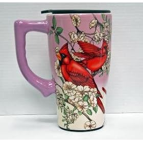 Click here to buy BIRD cardinal FLOWER Coffee tea TRAVEL kitchen Mug NEW by Spoontiques Creative Ventures.