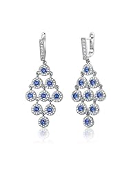 C.Z. Sterling Silver Rhodium Plated Round Sapphire Chandelier Earrings