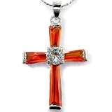 Gorgeous Cross Cut Sterling Silver Simulated Fire Opal Pendant with 18