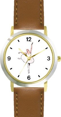 White Ballerina - Ballet Dancer No.1 - WATCHBUDDY® DELUXE TWO-TONE THEME WATCH - Arabic Numbers - Brown Leather Strap-Size-Large ( Men