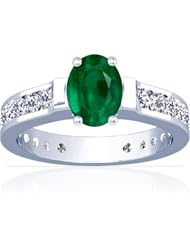 14K White Gold Oval Cut Emerald Ring With Sidestones