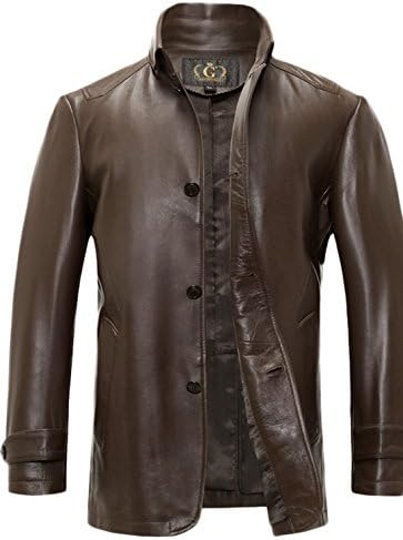 Erechtheus Men's Genuine Leather Mao Collar Formal Jacket (Medium, Brown)