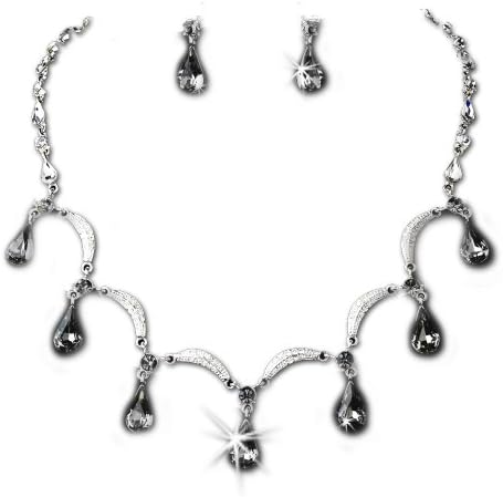 Silver-Tone Light Black Crystal Teardops Necklace Earring Set Bridal Jewelry