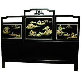 Asian Décor - Ming Hand Painted Black Lacquer Headboard w/ Mountain Landscape Design - 4 Sizes