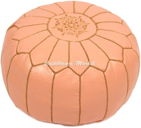 Moroccan Embroidered Leather Pouf, Desert Sand (Stuffed)