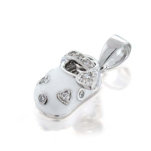 Mothers Day Gifts Bling Jewelry Sterling Silver White Enamel CZ Heart Baby Shoe Charm Pendant
