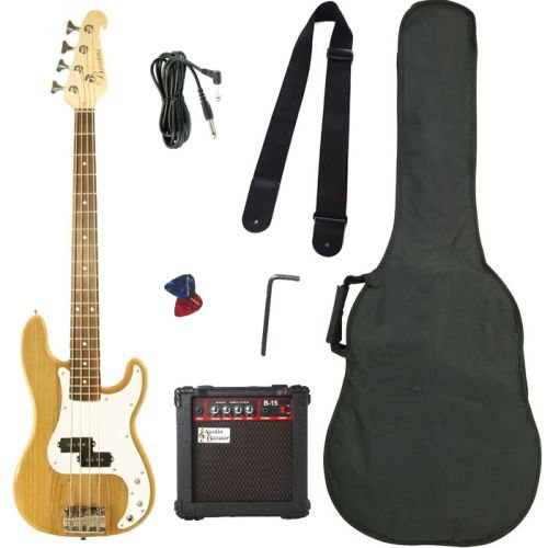 Barcelona Beginner Series Bass Guitar Bundle with 10-Watt Amp, Gig Bag, Instrument Cable, Strap, Strings, Picks, and Polishing Cloth - Natural