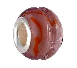 Pandora Style Charm Bead (Z317) Murano Style Glass (13mm x 10mm) (fits Troll too) ~ Mauve Pink with Orange and Black Stripes