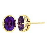 10k Yellow Gold 8x6 Oval Amethyst Bezel Earrings