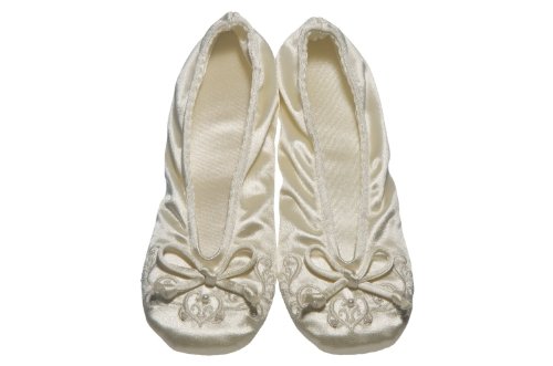 Isotoner Embroidered Pearl Satin Ballerina (Medium, Ivory)