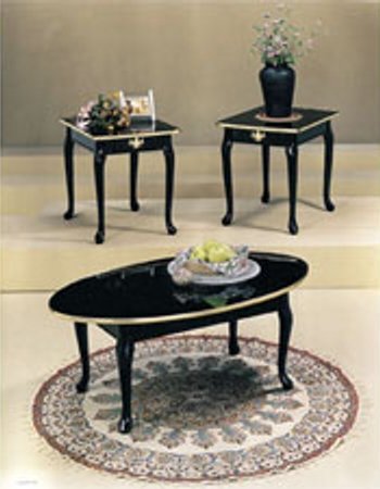 3pcs Queen Anne Style Black & Gold Finish Coffee Table Set