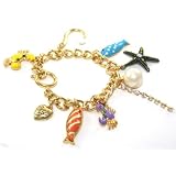 Fun and Chunky Beach Ocean Themed Charm Bracelet Gold Tone with Fish, Star, Crab, Hook and more...
