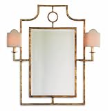 Doheny Hollywood Regency Bamboo Gold Leaf Mirror With Sconces