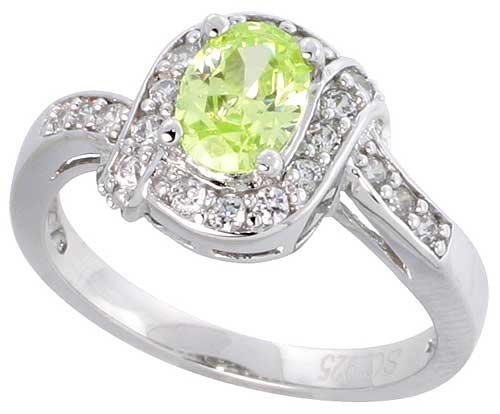 Sterling Silver Vintage Style Engagement ring, w/ a 7 x 5 mm (.75 ct) Oval Cut Light Peridot-colored CZ Stone, 7/16″ (11mm) wide, size 6
